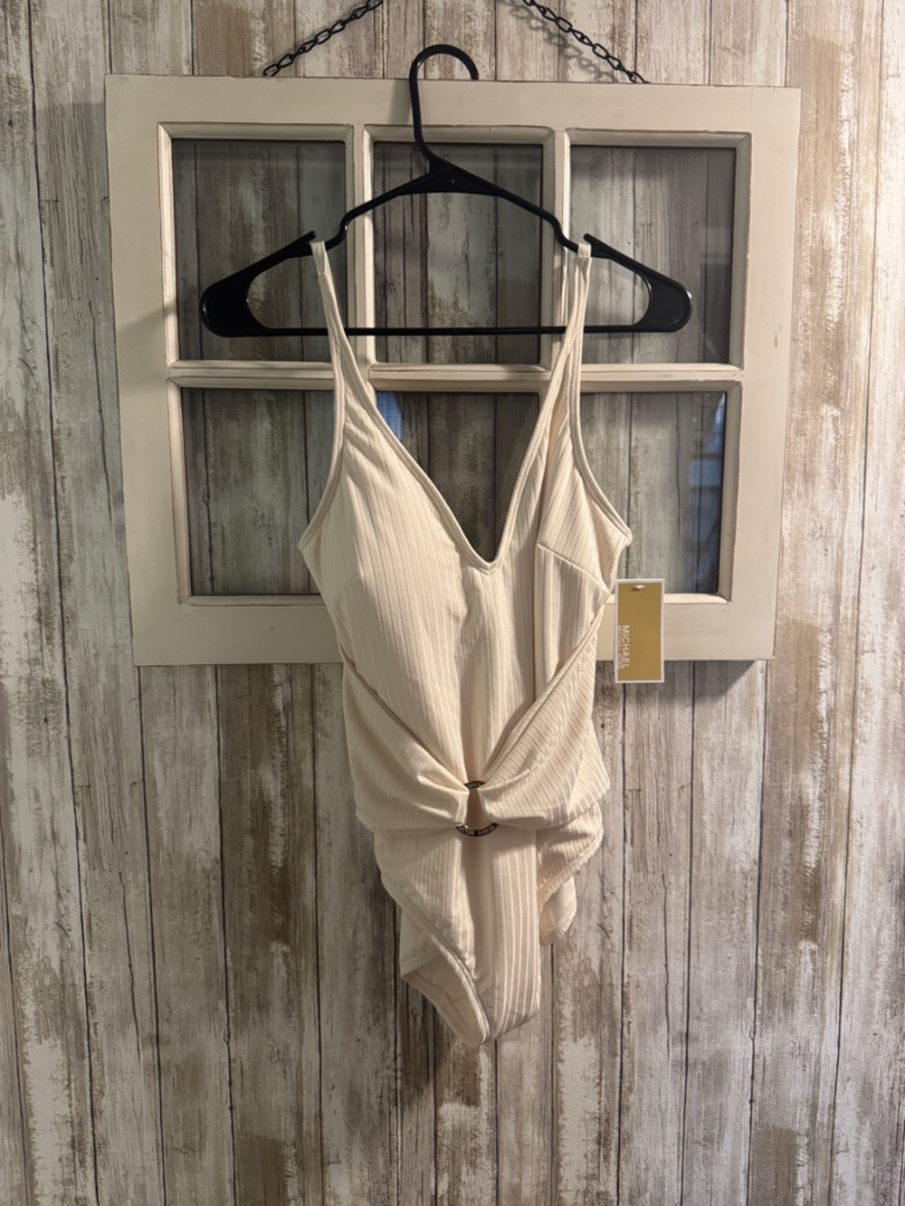 Michael Kors Cream Ribbed One-Piece Swimsuit with Ring Detail